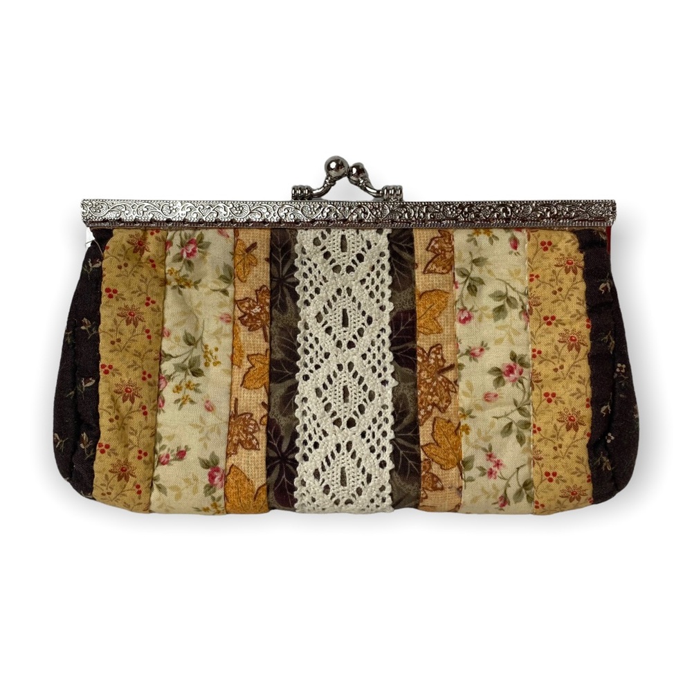 Handcrafted Floral Patchwork Clutch Wallet with Lace Trim - Brown & Cream